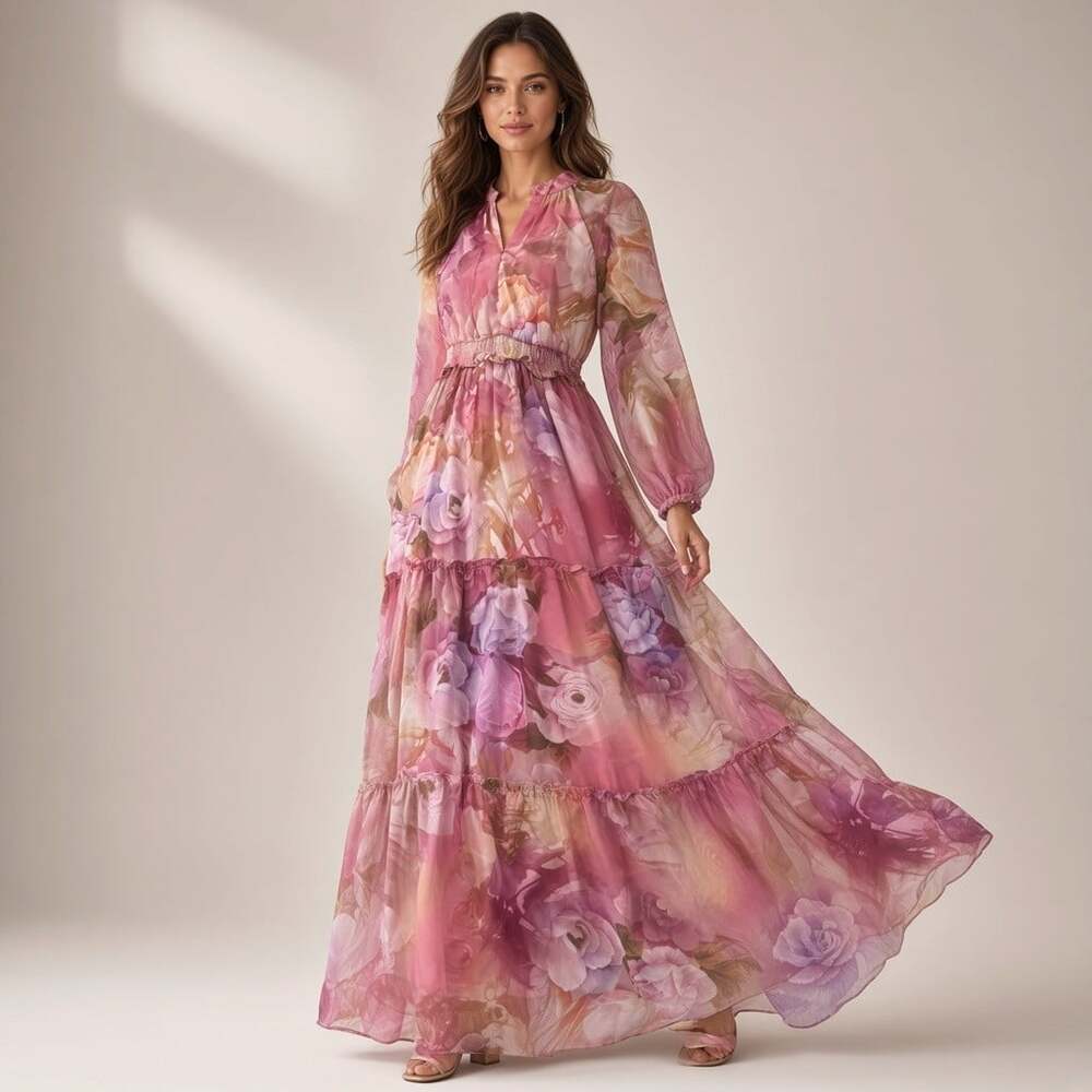 Melonie T NWT Tiered Floral Chiffon Maxi Dress Size 4 Autumn Wedding Guest